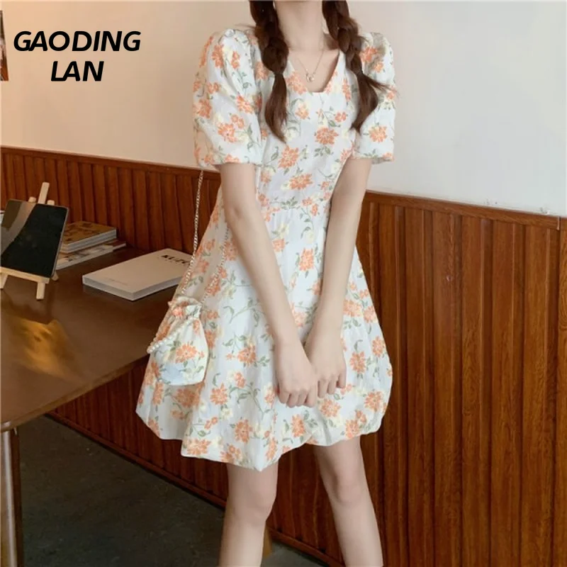

GAODINGLAN New Summer Shortl Sleeve Lined V Neck Women Dress Female Flower Print Mini Dresses Lantern Sleeve High Waist Dress