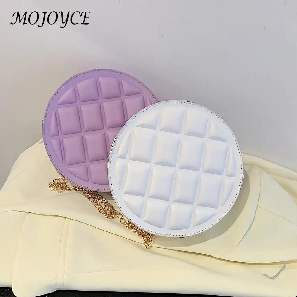 

Stylish Women Round Checker PU Shoulder Bag Pure Color Chain Shoulder Pouch Casual Circular Zipper Messenger Bags