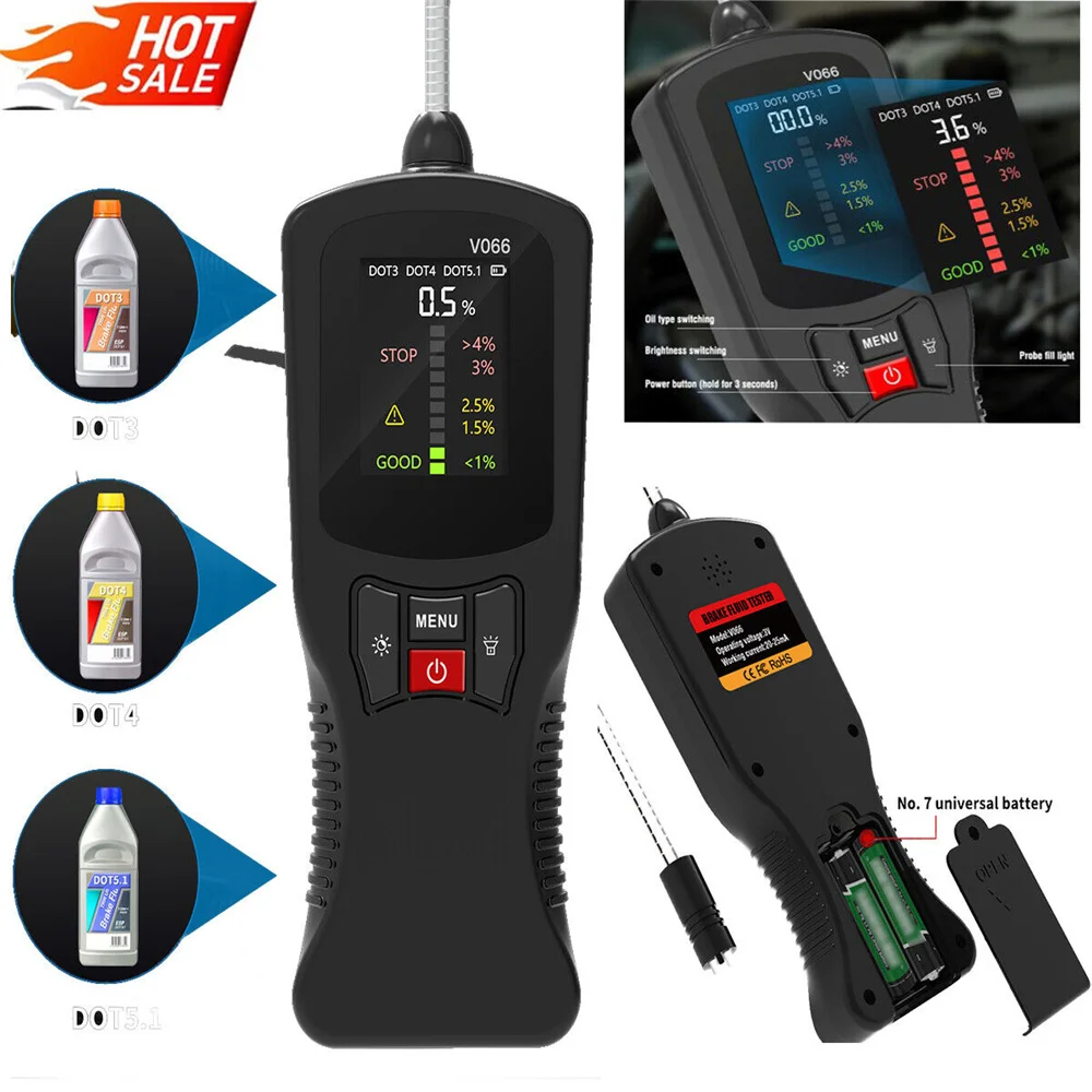 

Auto Brake Fluid Tester DOT3 DOT4 DOT5.1 LED Indicator Check Display V066 Brake Oil Detection Instrument Auto Oil Tool