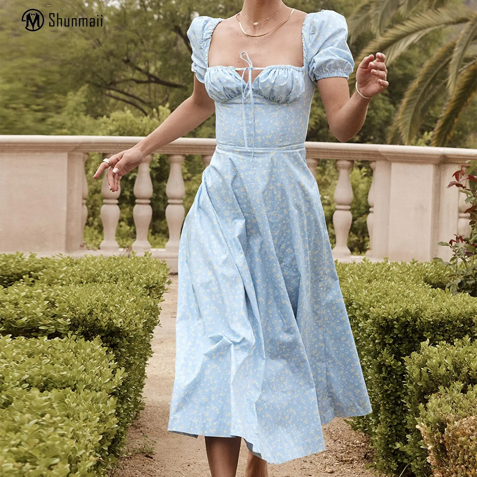 

Puff Sleeve Women Dress Printing Dress Elegant Square Neck Big Swing Dress Lace-up Spring Summer Clothes Women Daily Wear