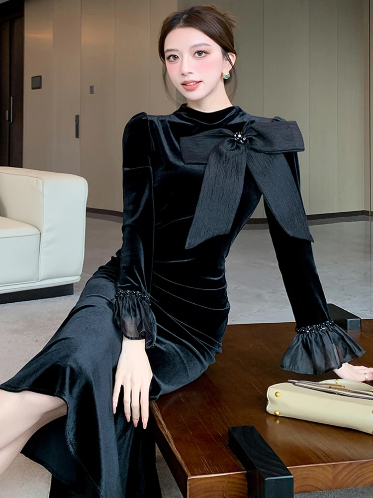 Темпераментные элегантные черные бархатные вечерние платья для женщин милое