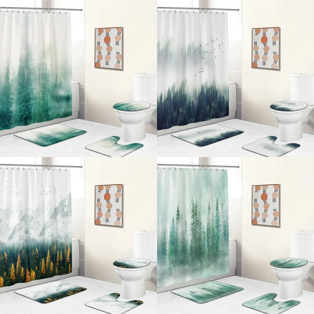 

The Fog of the Forest Landscape Shower Curtain Bathroom Accessories Partition Waterproof Polyester Bath Curtain Rugs and Mat Set