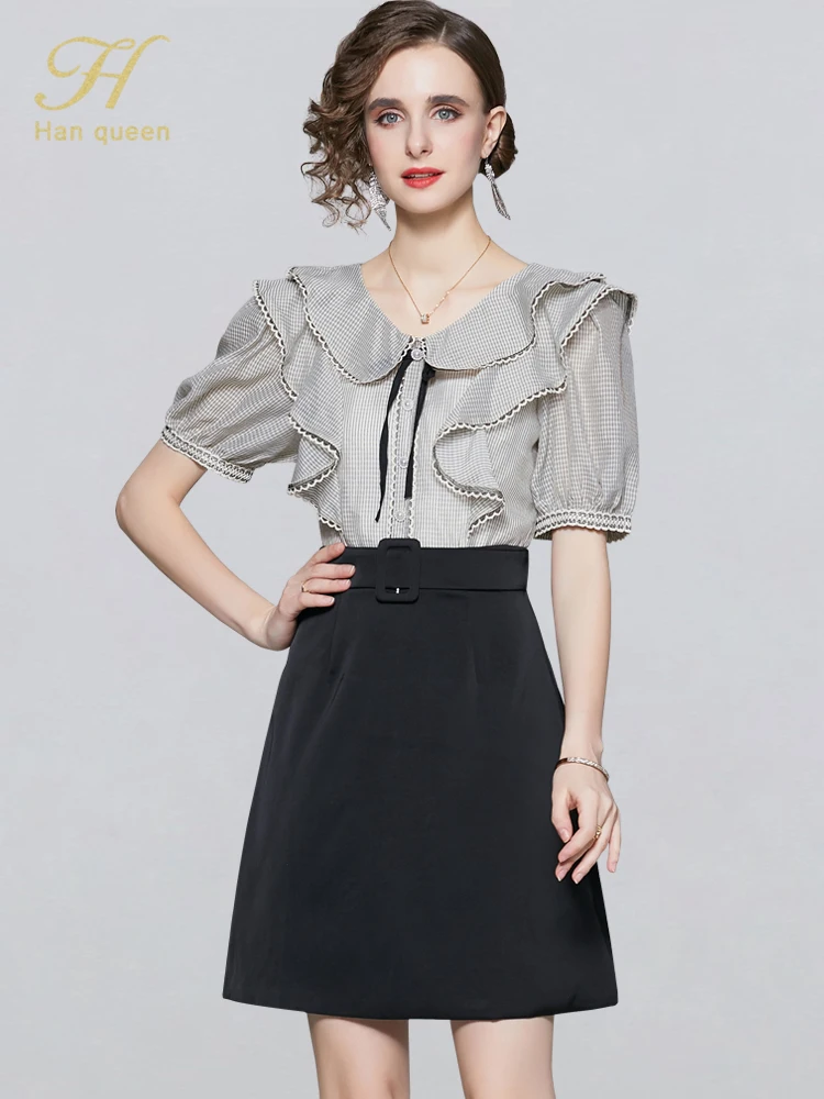 

H Han Queen Summer Dresses Women Korean Retro Patchwork Vestidos Fashion Short Sleeve Ruffles V-Neck Office Party Casual Dress