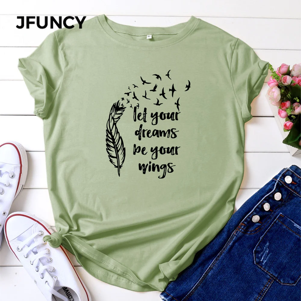 JFUNCY  Women's T-shirts 100% Cotton O-Neck Short Sleeve Women Summer Tops Letter Print Lady Casual T Shirt Female Tees