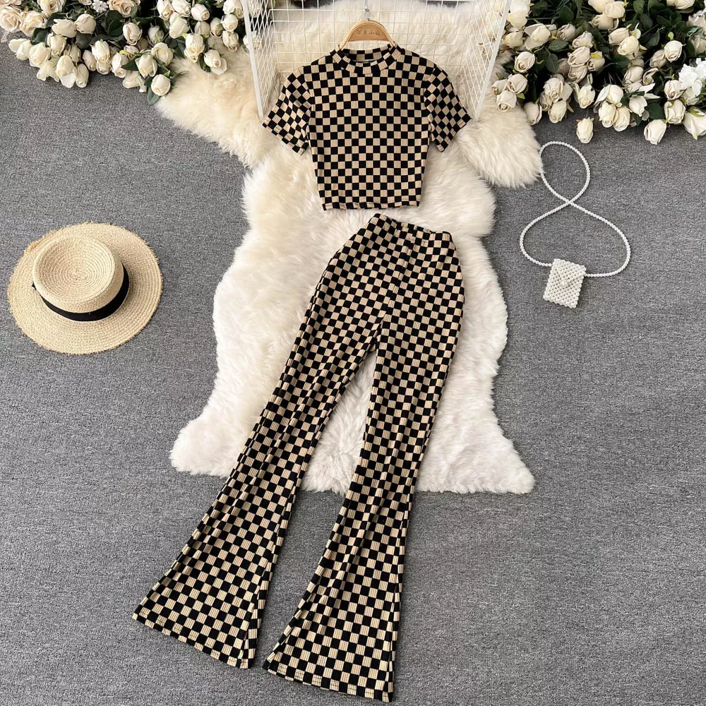 

Summer and autumn close-fitting short jacket + high waist long bell pants two piece set