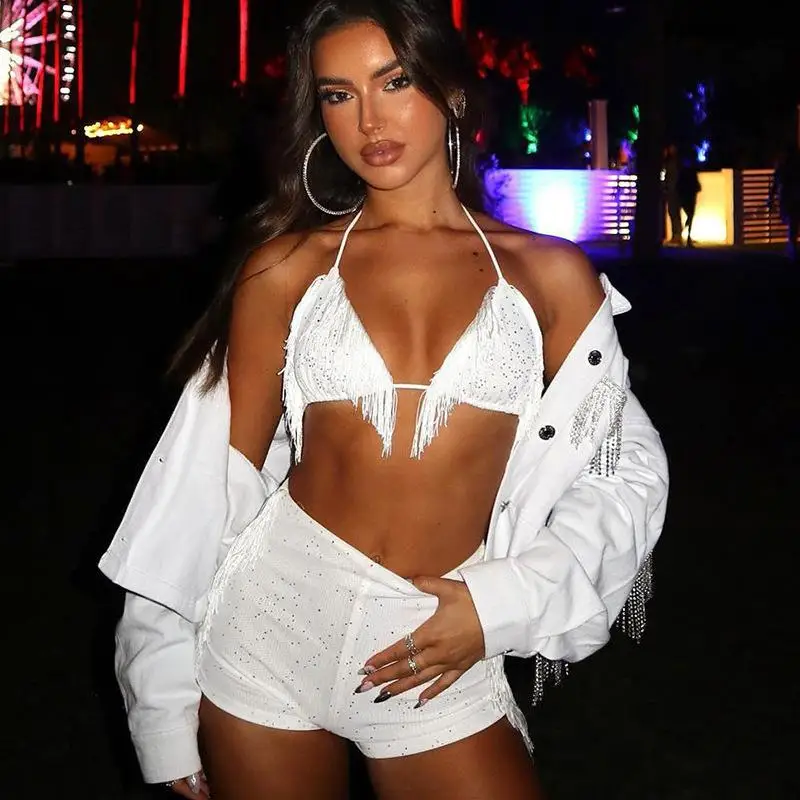 

KAAAZI Women Summer Backless Lace Up Halter Sleeveless Tassel Sexy Straps Slip Crop Top And Shorts Two Piece Sets Party Club