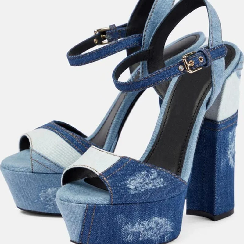 

Blue Denim Patchwork Chunky Heel Sandals Open Toe Ankle Strap High Platform Square Heels Women Summer Dress Shoes Size 43