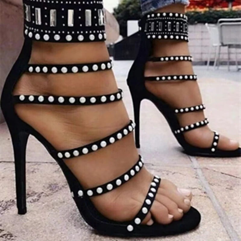 

Women Fashion Open Toe Rhinestone Design High Heel Sandals Crystal Ankle Wrap Glitter Diamond Gladiator Black Size 35-43