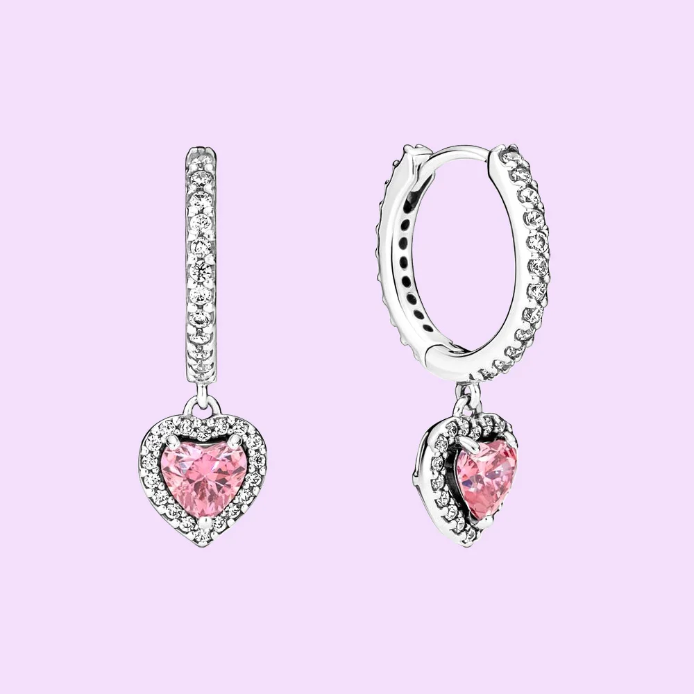

Sparkling Halo Pink Heart Hoop Earrings 925 Silver Anniversary Gorgeous Jewelry fit Pandora Fashion Woman Gift