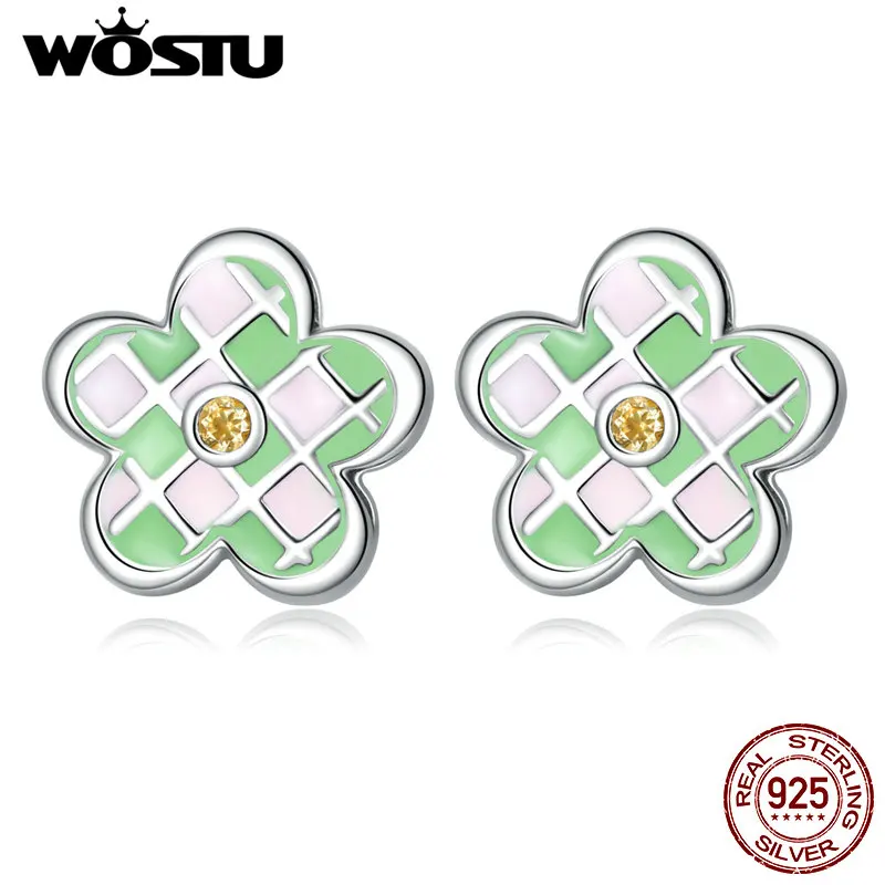 

WOSTU Real 925 Sterling Silver Cute CZ Flower Stud For Women Earrings Checkered Ear Buckles Girl Fine Jewelry Party Gift