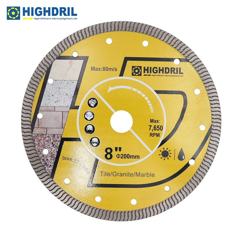 

HIGHDRIL 1pc Diamond Saw Blade For Ceramic Tile Granite Marble Ultrathin S Ripple Cutting Discs 22.23mm Dia200mm/8inch