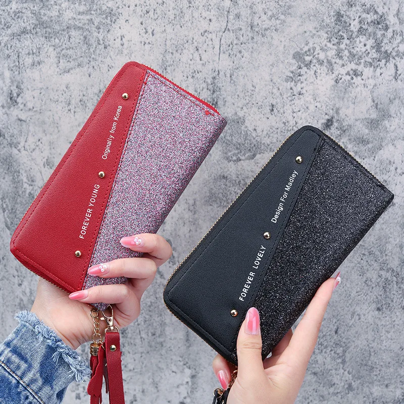 

2022 Long Wallet For Women Patchwork Sequin Clutch Bag Glitter Pu Leather Lady Phone Bag Card Holder Coin Purse Female Wallets
