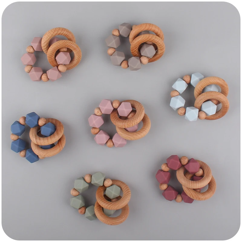 

Silicone Bead And Wooden Bead Bracelet Nursing Teething Toys BPA Free Beech Wooden Bracelet