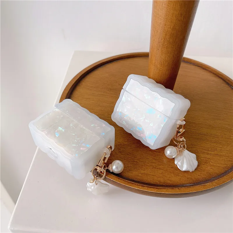 

Роскошный лазерный блестящий чехол с ракушками для Airpods, силиконовый чехол из нержавеющей стали, очаровательный кулон, изогнутый бампер для...