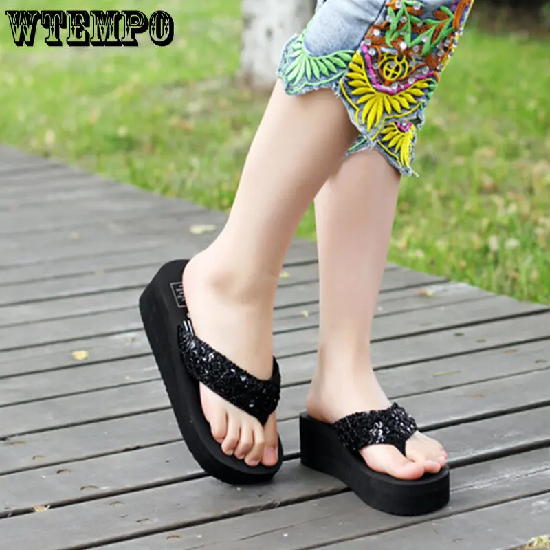 WTEMPO Women Summer Sandals Sequins Beach Female Flip Flops Girls High Heel Shoes for Platform Wedge Slippers Wholesale