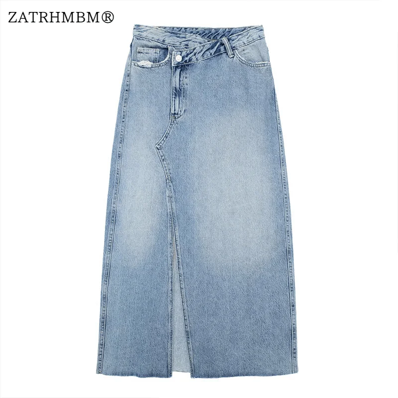 

ZATRHMBM Women 2023 Spring Fashion Split Denim Midi Skirt Vintage Side Pockets Zip Fly Casual High-Waisted Female Skirts Mujer