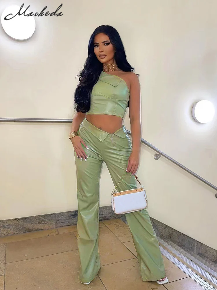 

Macheda PU Faux Leather Solid Two Piece Set Women Skew Collar Skinny Croped Top+ Zipper High Waist Flare Pants Female Attirewear