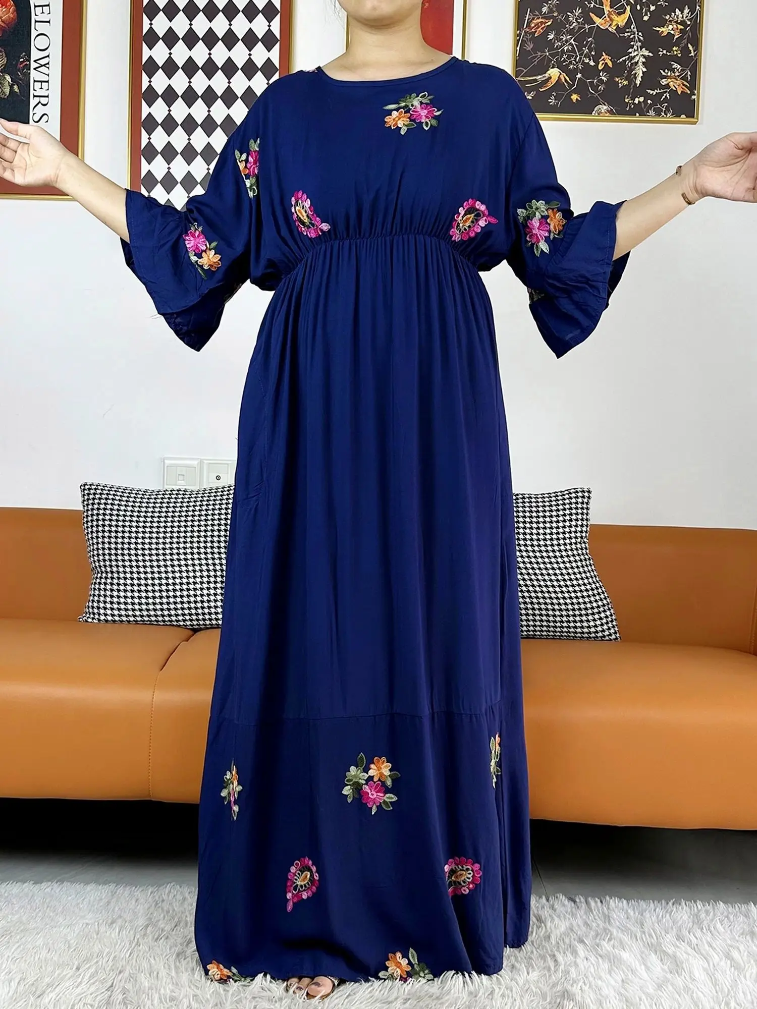 2023 New Muslim Women Long Sleeve Dashiki Dress Solid Embroider Floral Boubou Maxi Islam Women Dress African Abaya Clothes