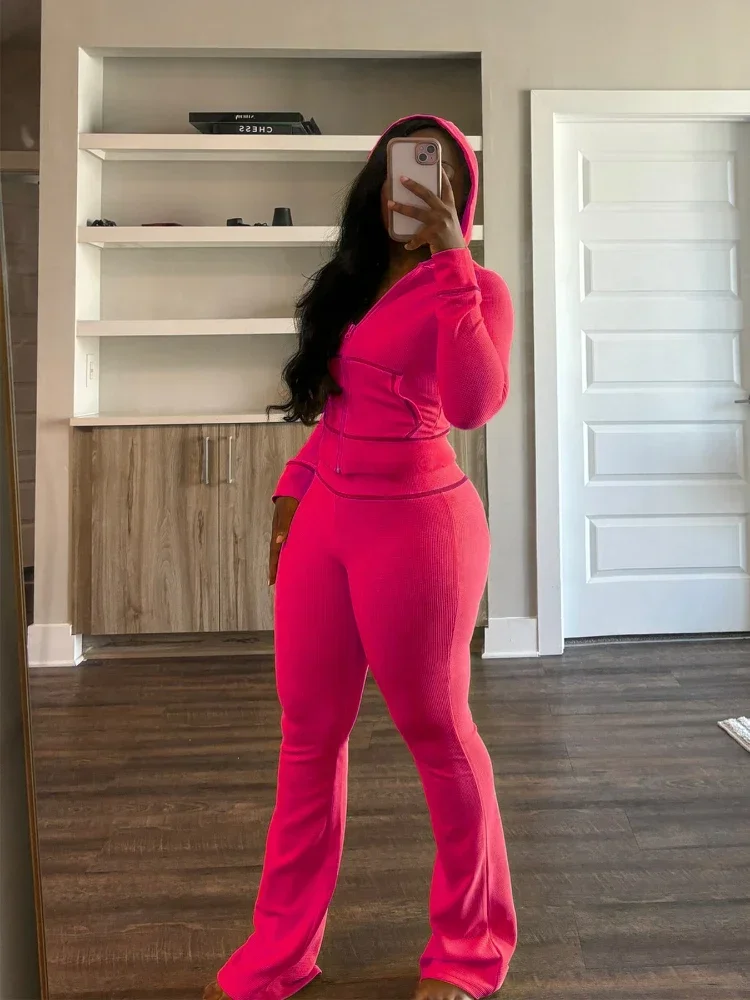 Женский костюм Ueteey с длинным рукавом капюшоном и расклешенными брюками уличный