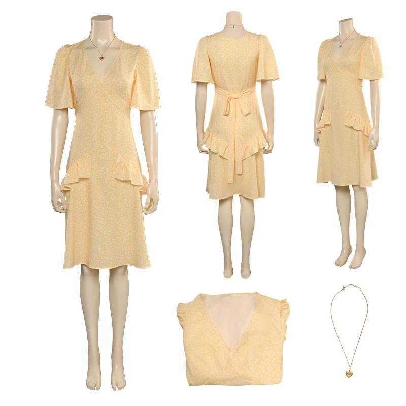 

Movie Barbier Margot Cosplay Yellow Dress Costume Women Outfits Adult Girls Sweet Skirts Necklace Full Set Halloween Party Suits