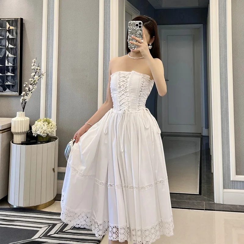 

High Quality 100% Cotton Women's Dress Poplin Cotton White Tie Wrap Dress Party Vacation Elegant Luxury Summer Fashion Runway