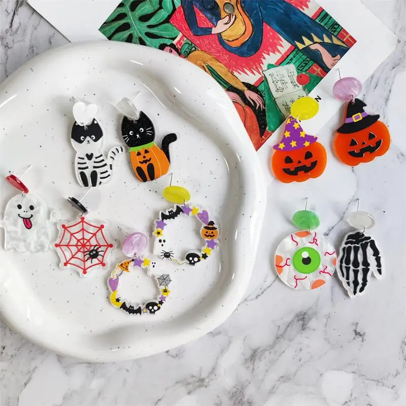 

Hot sale brand new halloween acrylic earrings graffiti pumpkin ghost cat charm earrings personalized jewelry party gifts