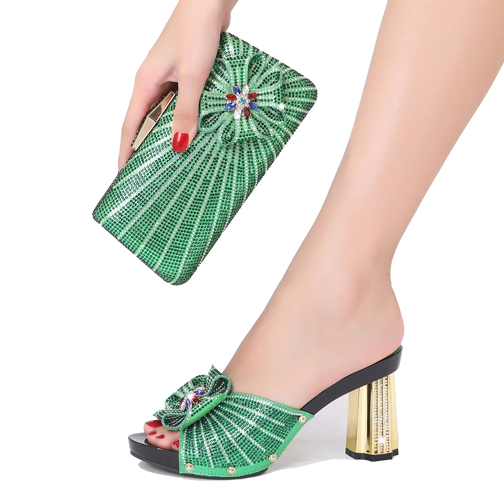 

Nigerian Women Wedding Shoes and Bag Set with Rhinestone Slippers for Party Elegant Temperament Dinner Diamond African Shoes
