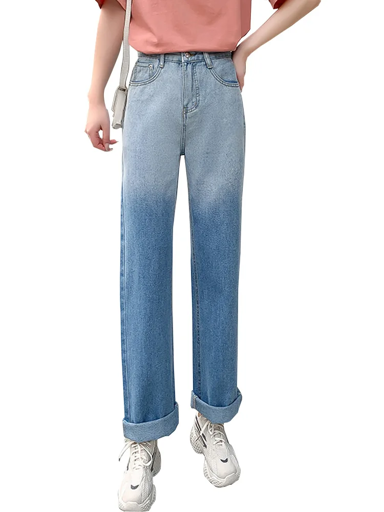 

Gradient blue jeans women's high waist slimming casual all-match Casual Trousers Baggy Hip-hop Denim Pants Y2K