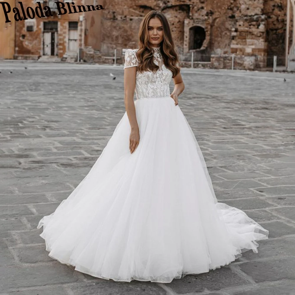 

Paloda Vintage High Neck Wedding Dresses For Women A-LINE Short Sleeves Button Tulle Lace Pleat Chapel Train Personalised