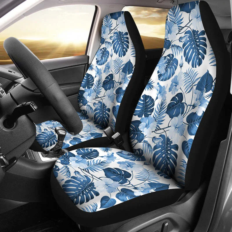 

White and Blue Hibiscus Tropical Hawaiian Flower Pattern Car Seat Cove,Pack of 2 Universal Front Seat Protective Cover