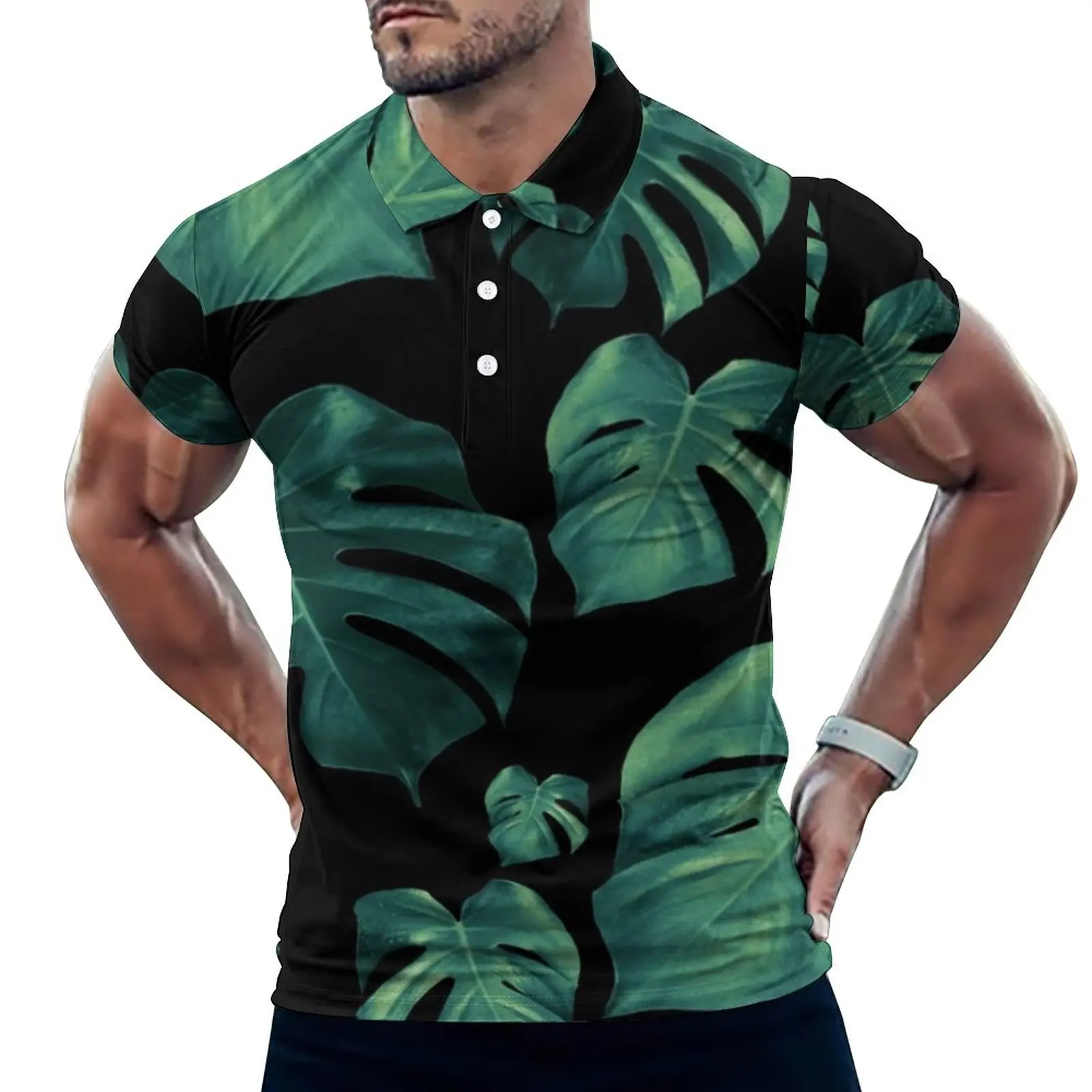 

Рубашка-поло Monstera мужская с принтом зеленых листьев, Повседневная модная рубашка с коротким рукавом и воротником в стиле оверсайз