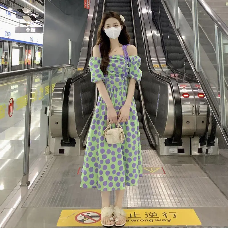 

Off Shoulder Polka Dot Dress Long Dress Vintage A Line Midi Dress for Women Girl Fairycore Clothes Elegant Beach Clothing 2022