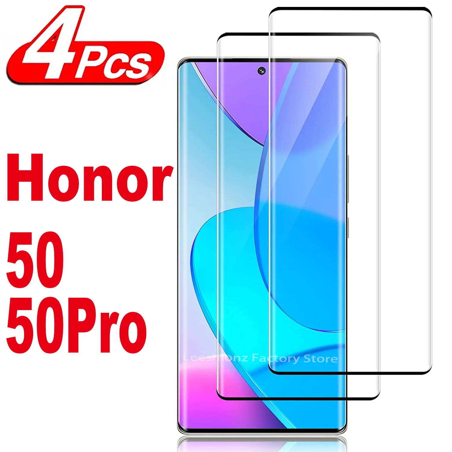Фото 2/4 шт. закаленное стекло 9H для Huawei Honor 50/50 Pro, HD изогнутая защитная пленка с четырьмя сторонами клея №1