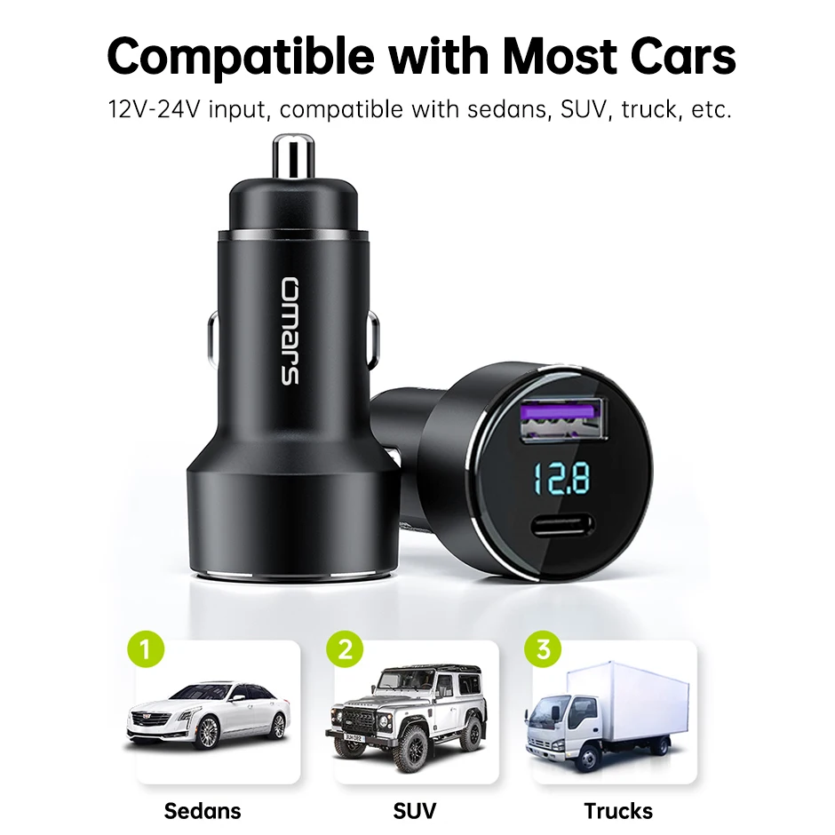 Omars USB Car Charger PD3.0 SCP FCP QC3.0 PPS AFC Quick Charger Digital Display Voltmeter for iPhone Xiaomi Samsung Mobile Phone