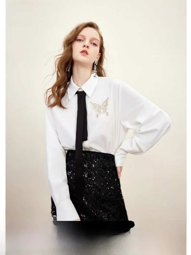 Cocoa Co2024 Осенне-зимняя одежда High Sense Топ с бантом и вышивкой Белые рубашки длинными