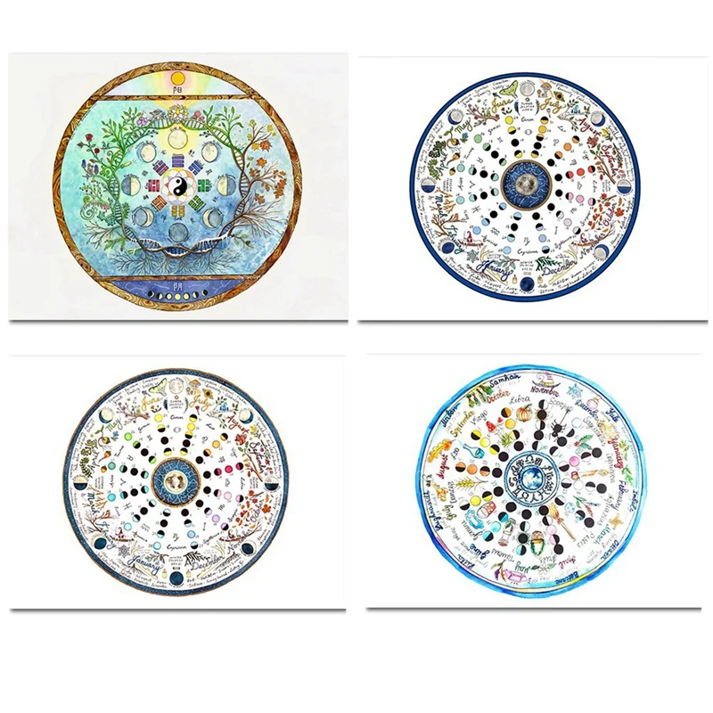 

4Pcs Painting 2022 Lunar Calendar Annual Ring Canvas Hanging Painting Moon Phase Painting Study Bedroom Decor Picture