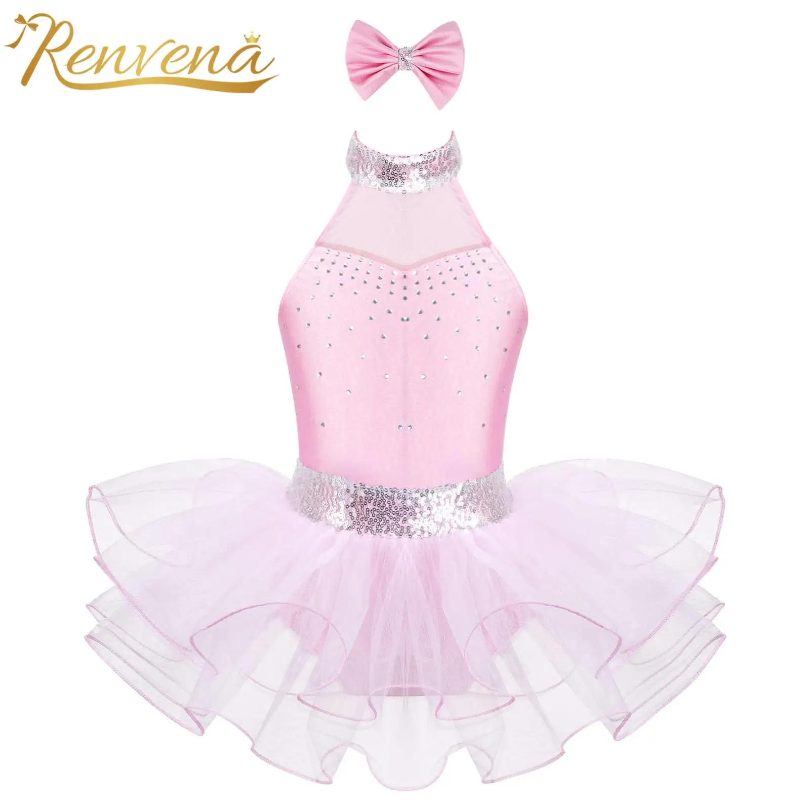 

Kids Tutu Ballet Dress Children Girls Halter Sequins Mesh Tulle Gymnastics Leotard Performance Dance Costumes Dancing Dresses