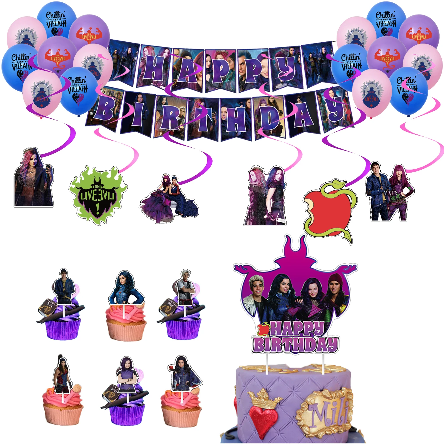 

Cartoon Descendants Themed Birthday Party Decoration Supplies Cake Decoration Banner Latex Balloon Baby Shower Kid Favor Gift