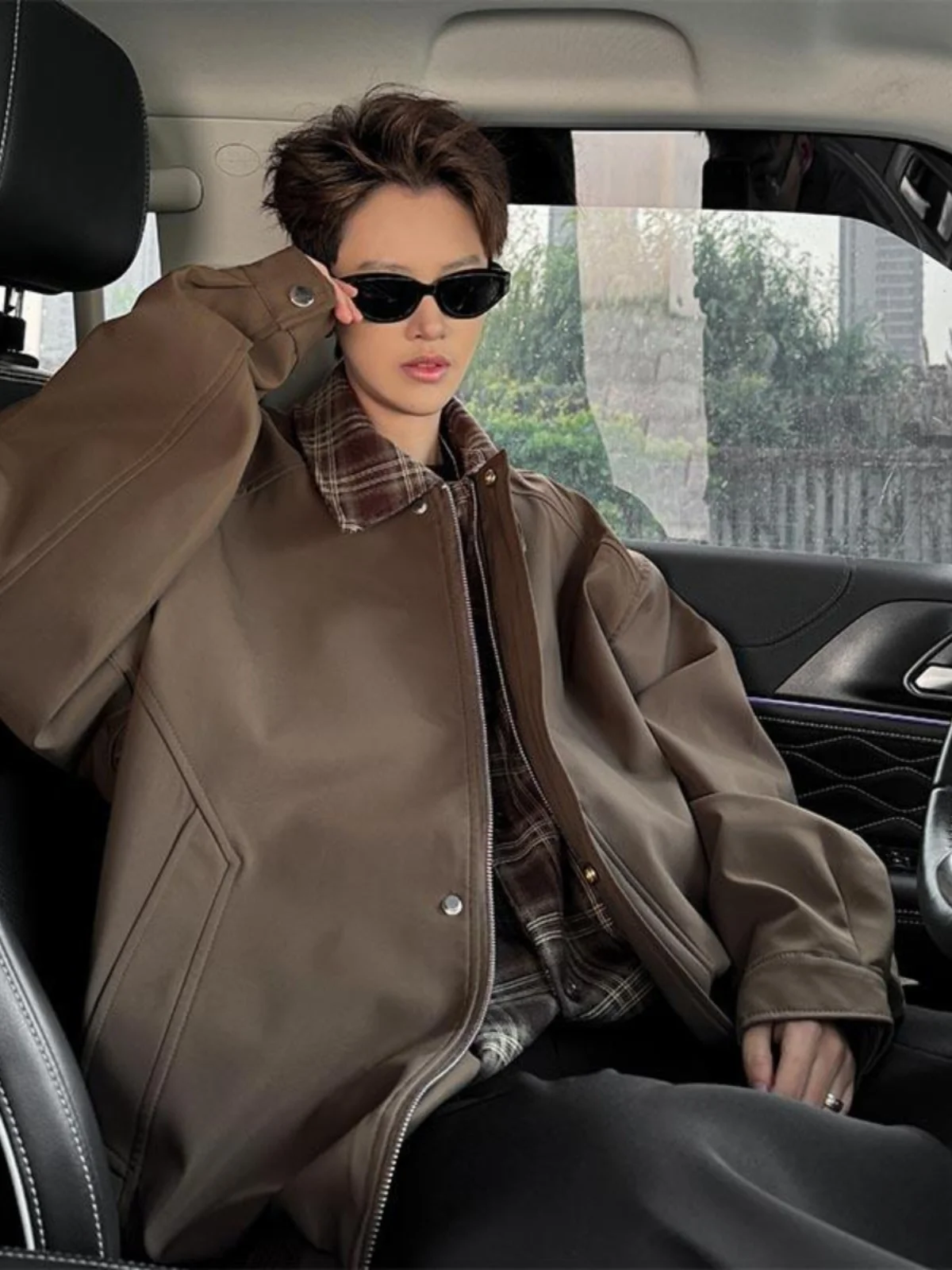 Весенне-осенняя искусственная клетчатая верхняя одежда из двух предметов