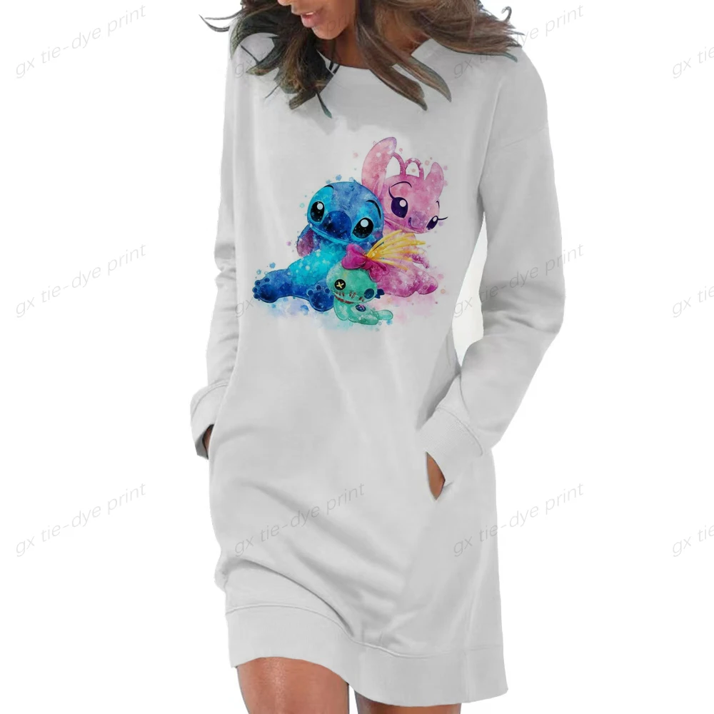

Disney Stitch printed Women's Long Sleeve Hooded Pockets Pullover Hoodie Dress Tunic Sweatshirt cartoon tie dye hoodie dress