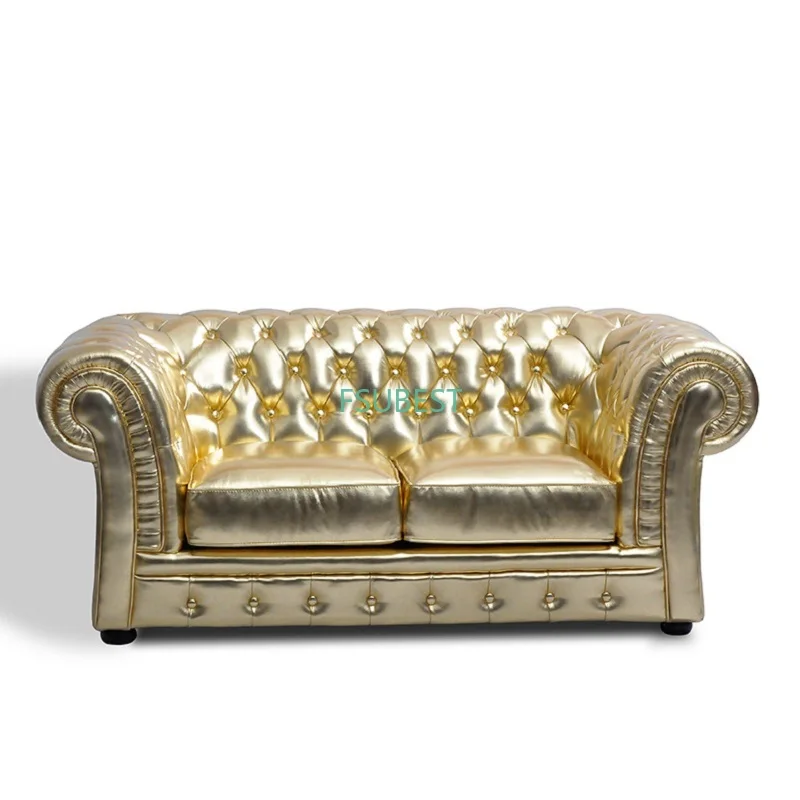 Modern Chesterfield Style Sofa Wooden Living Room Set Designs Gold color Leather Loveseat couch | Мебель