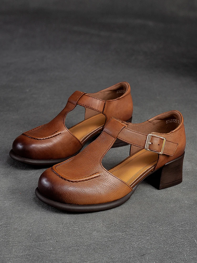 Beffery Genuine Leather Mary Jane Women's Heel Shoes Retro Handmade block heel Women T-shape Sandals