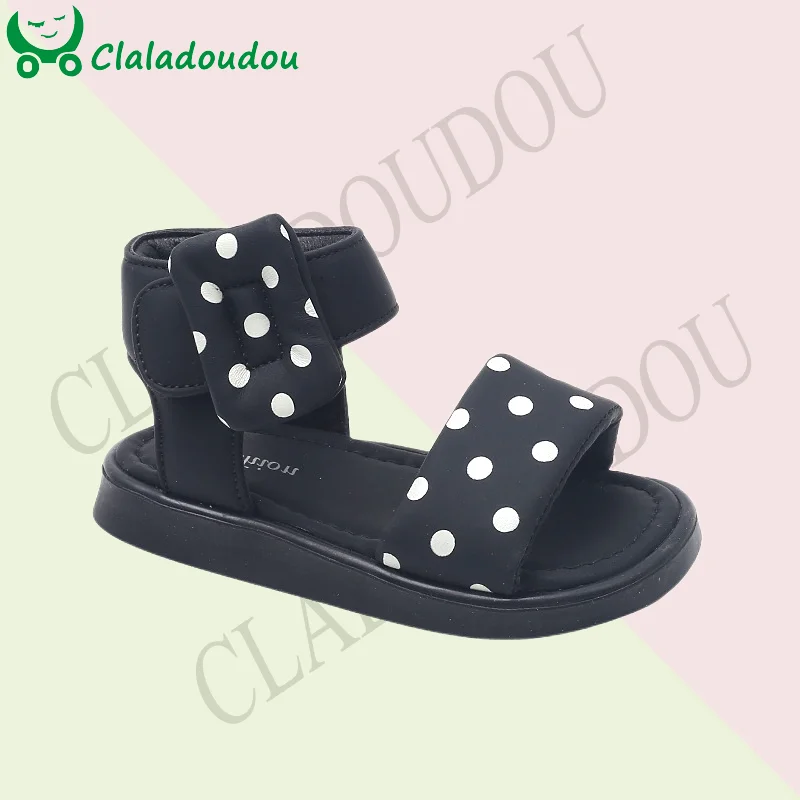 

14-19cm Fashion Kids Sandals Boots For Girls,Black Beige Open-toe Soft Summer Beach Sandal,Children Casual Dots Flats Walkers