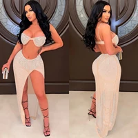 wishyear 2022 luxury crystal two piece women slit long skirt and top set glitter party club outfits