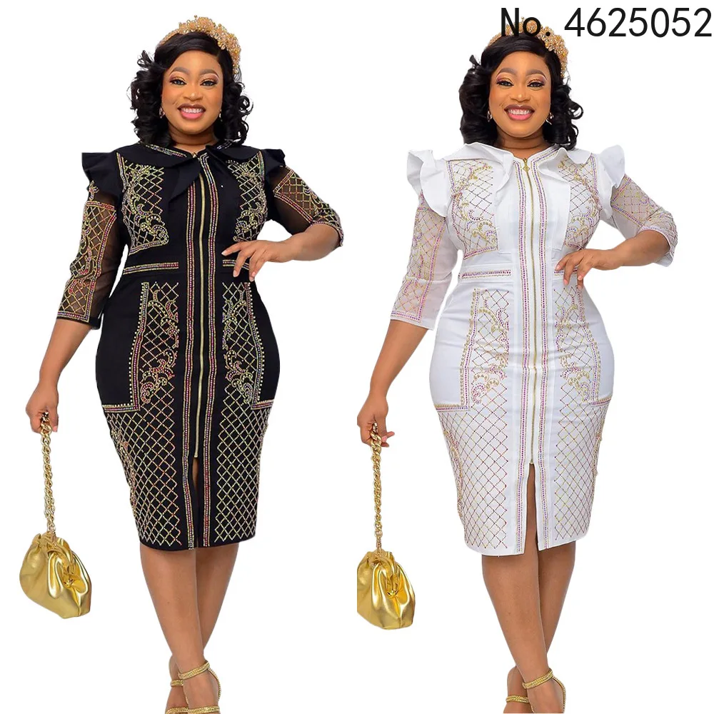 

Африканские платья для женщин, лето-осень 2022, в полоску, с бриллиантами, африканская одежда, мусульманское платье средней длины, высокое кач...