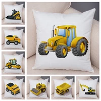 cartoon excavator bulldozer sofa short plush cushion cover home childrens room decoration car toy print pillowcase 45x45cm