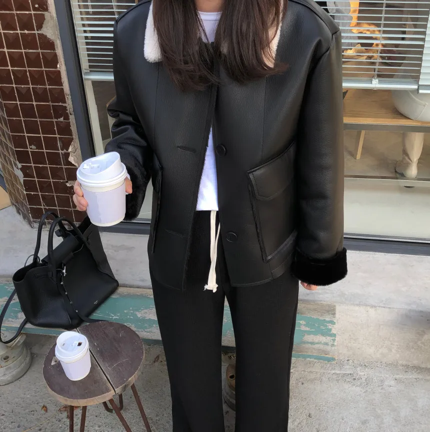 

Basic Jackets Women 2022 New Solid Simple Vintage Chic Korean Style Faux Fur Collar Pu Leather Coat Loose Outwear Tops