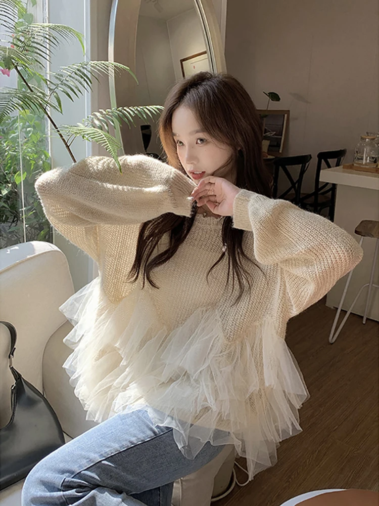 Pullover Sweaters 2022 Autumn Winter Tops Women Cascading Ruffle Mesh Knitting Patchwork Long Sleeve Casual Jumpers Lady