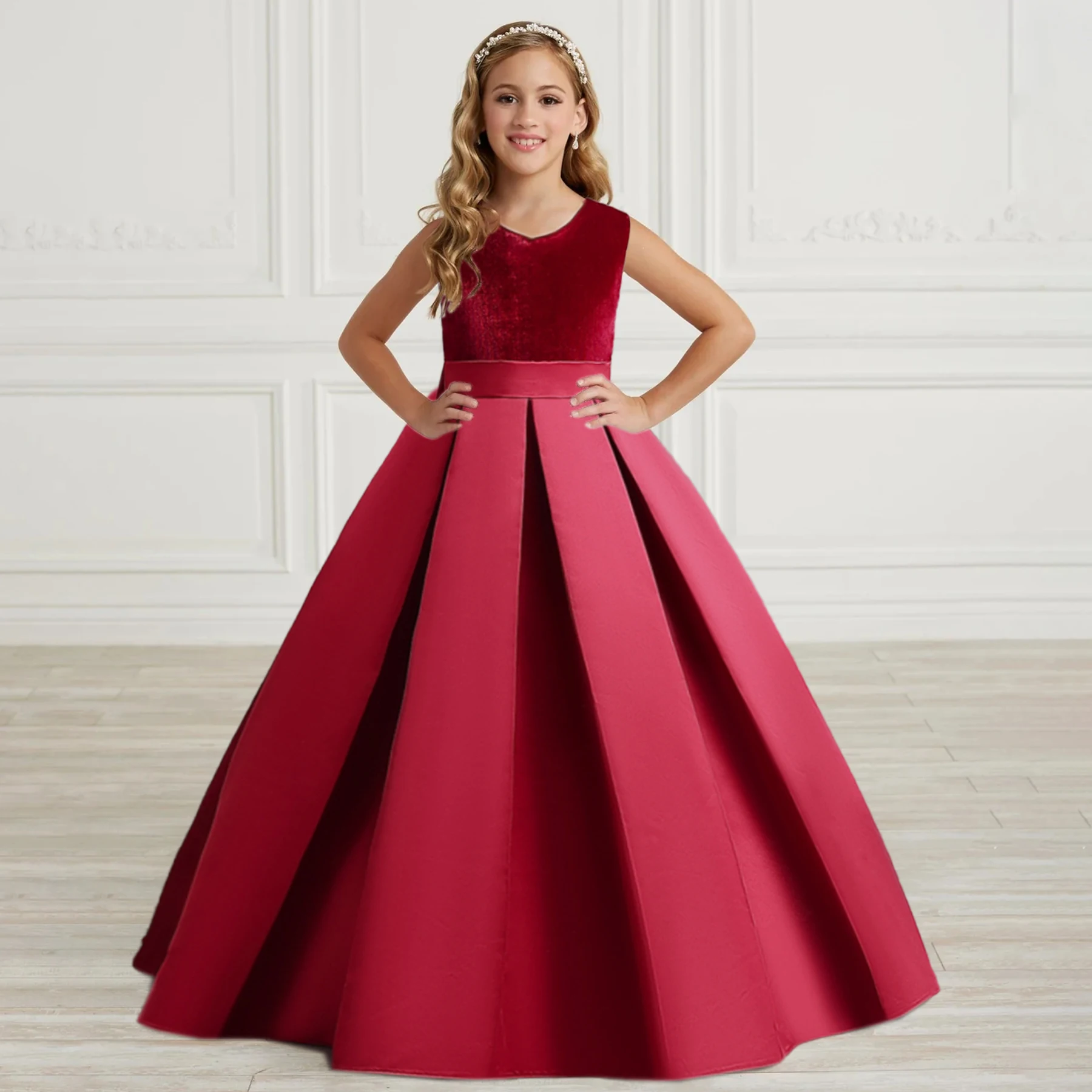 

Официальное свадебное платье принцессы для девочек, красное платье с большим бантом для невесты, детское платье для девушек, длинное рождес...