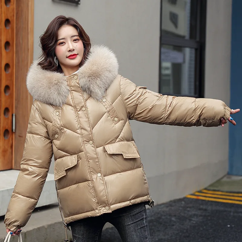 

2022 Short Winter Women's Down Jacket Hooded Fur Collar Glossy Thick Warm Coat Female Korean Fashion New Solid Color Jacket